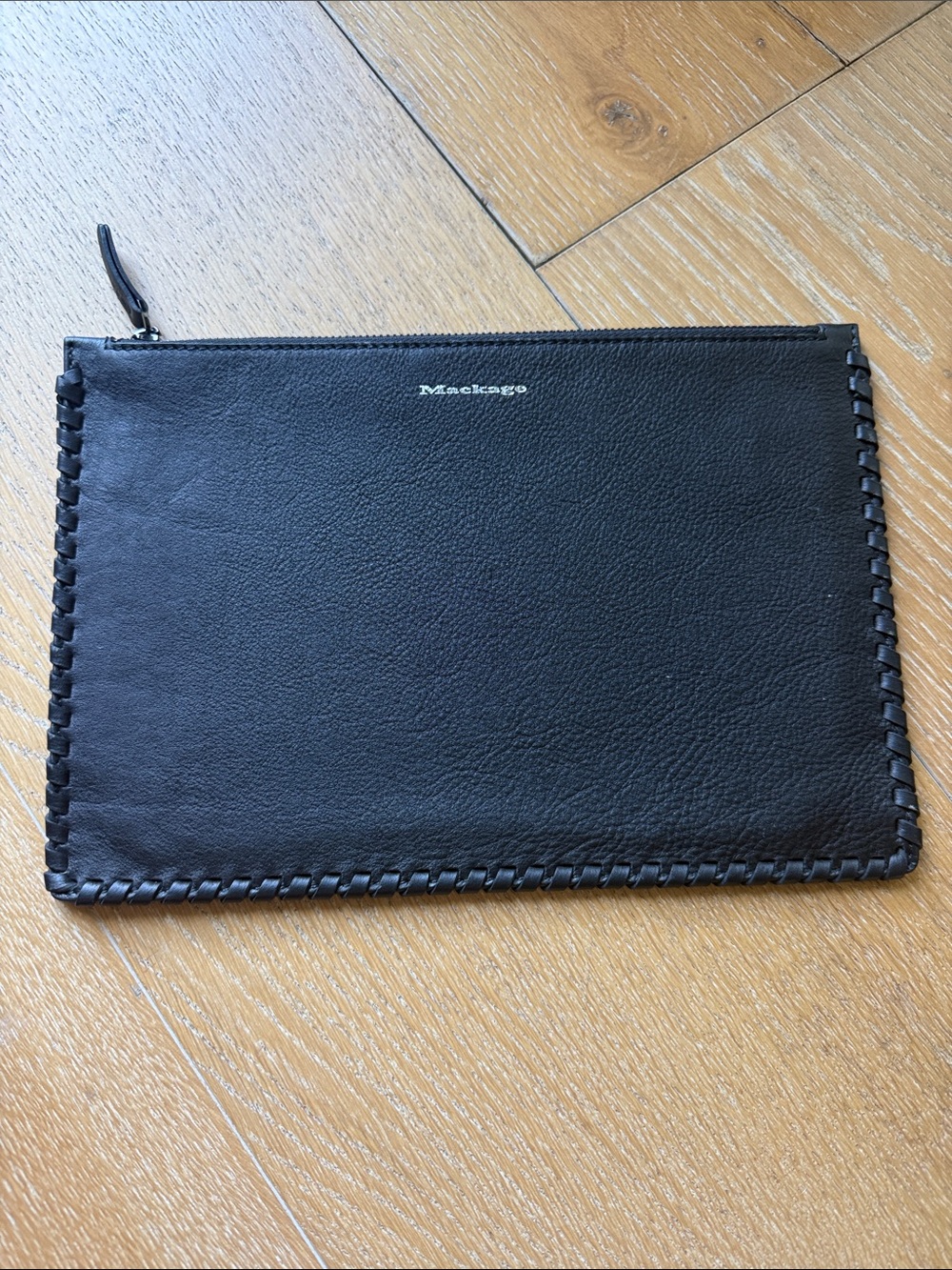 Mackage Black Leather Travel Pouch with Whipstitch Trim